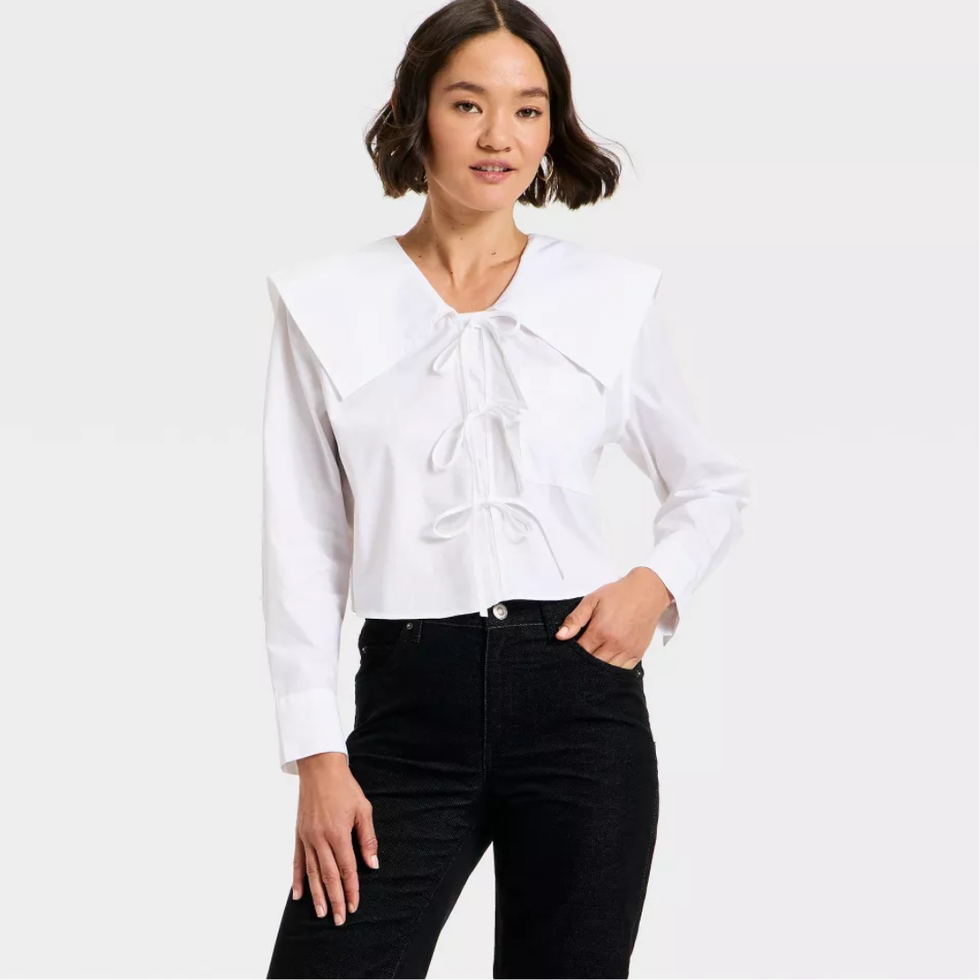 Future Collective Long Sleeve Relaxed V-Neck Tie-Front Blouse