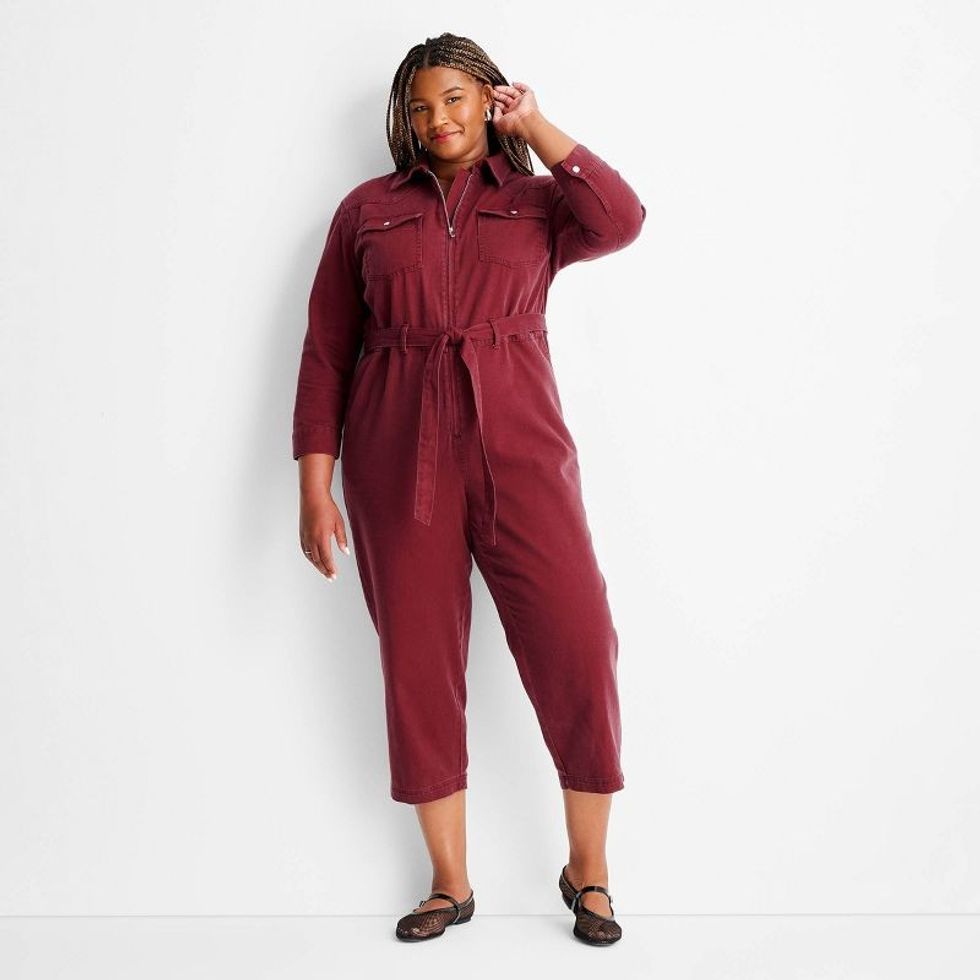 Future Collective Long Sleeve Washed Denim Button-Down Jumpsuit
