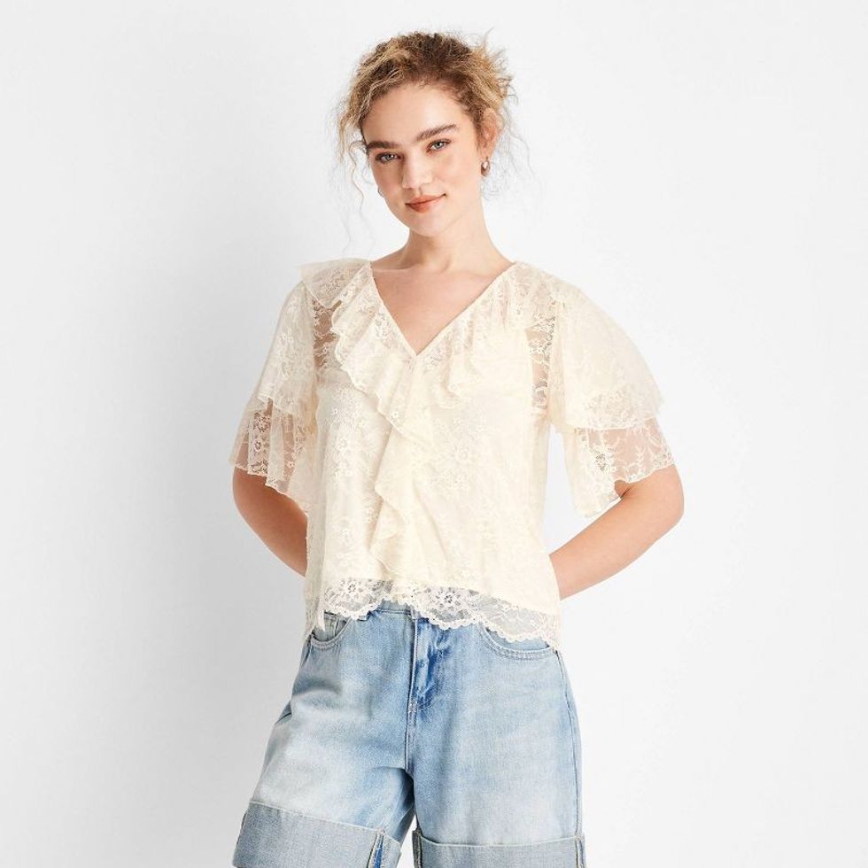 Future Collective Short Sleeve V-Neck Lace Blouse