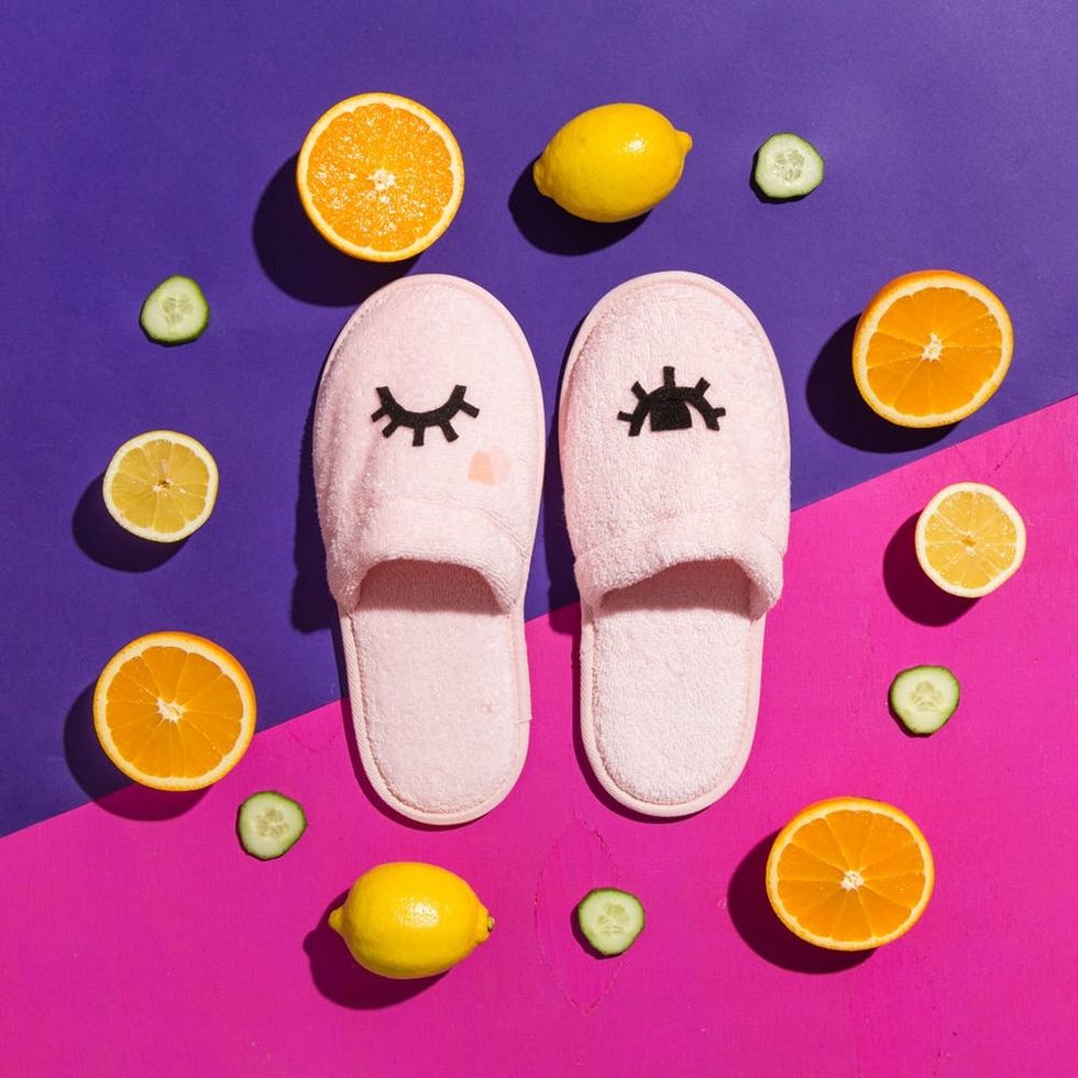 Galentine’s Day DIY Slippers surrounded by fruit