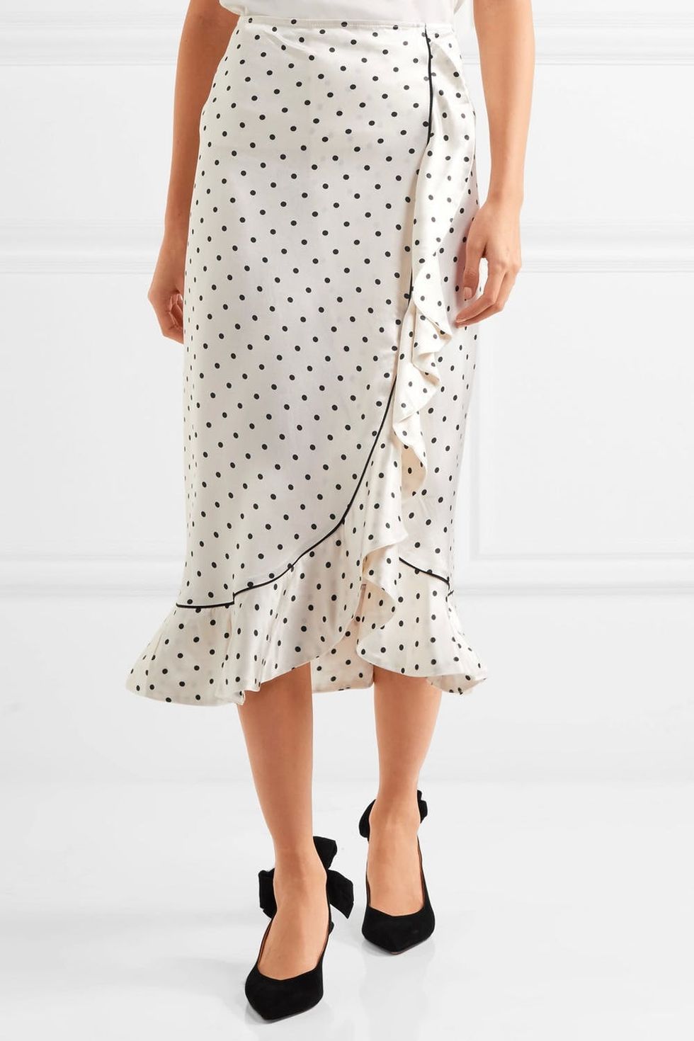 Ganni Leclair Ruffled Polka-Dot Satin Midi Skirt