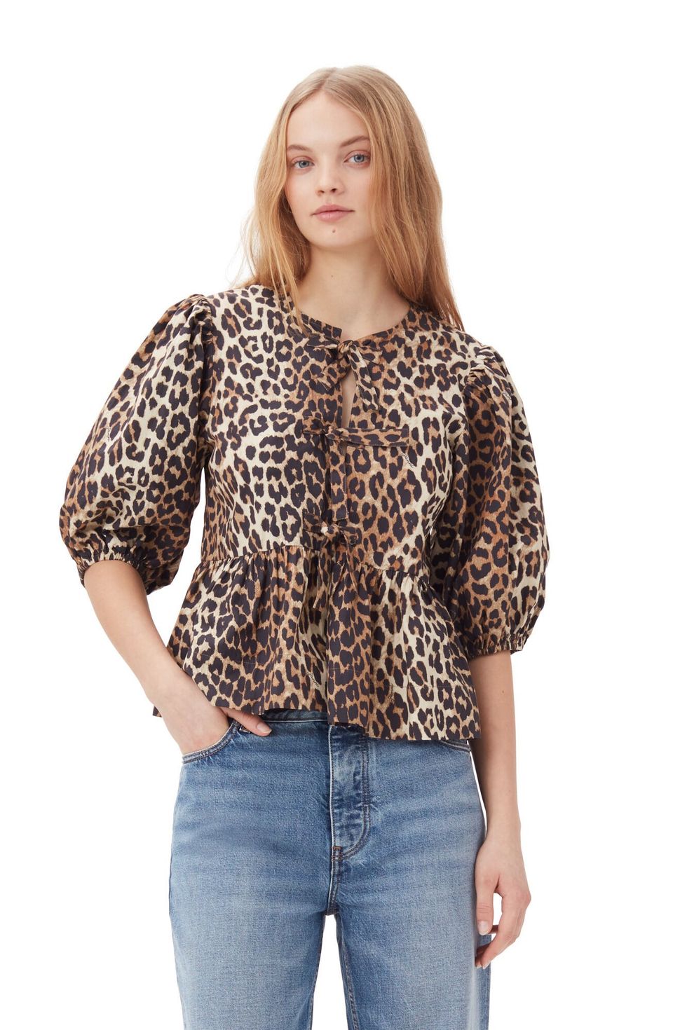 Ganni Leopard Cotton Poplin Peplum Tie Blouse