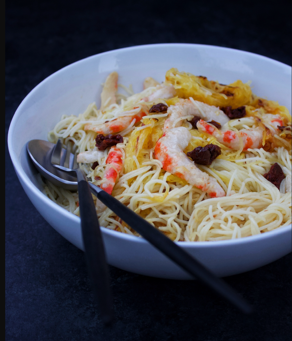 Garlic Butter Shrimp Angel Hair Pasta and Spaghetti Squash With Sun-Dried Tomatoes