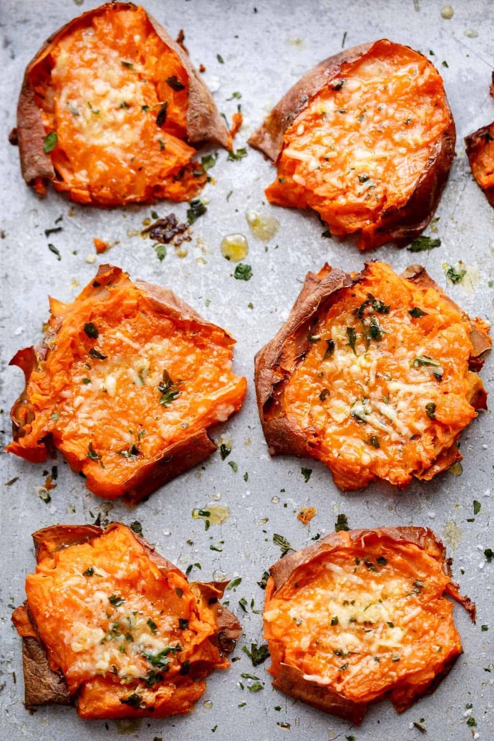 Garlic Butter Smashed Sweet Potatoes with Parmesan