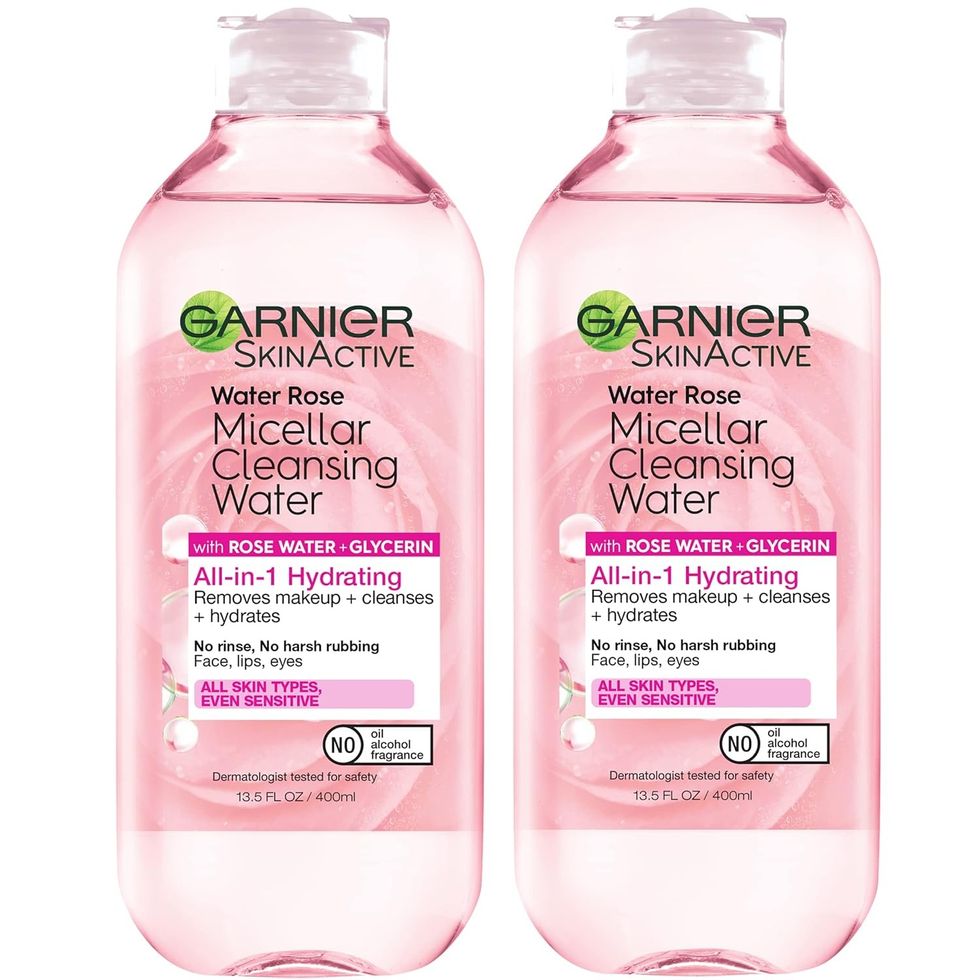 Garnier SkinActive Micellar Water with Rose Water and Glycerin, Facial Cleanser & Makeup Remover, All-in-1 Hydrating, 13.5 Fl Oz (400mL), 2 Count (Packaging May Vary)