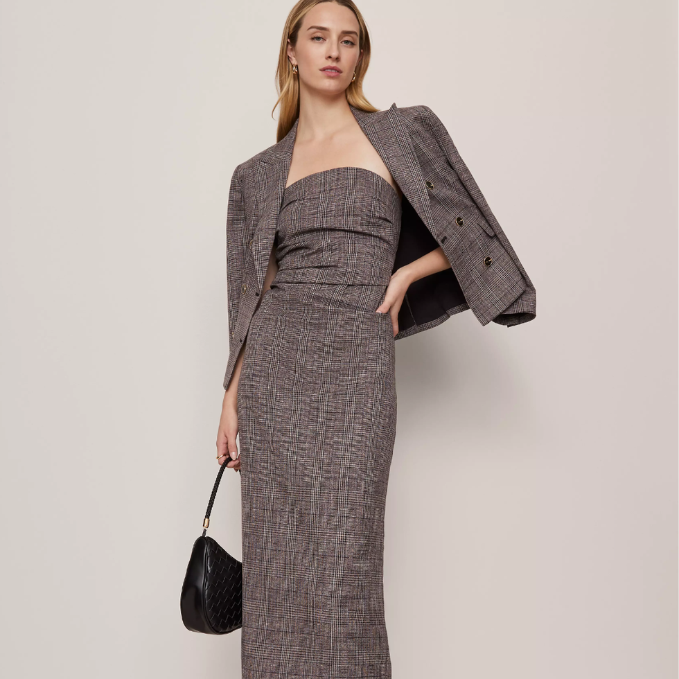 Gathered Strapless Plaid Midi Dress