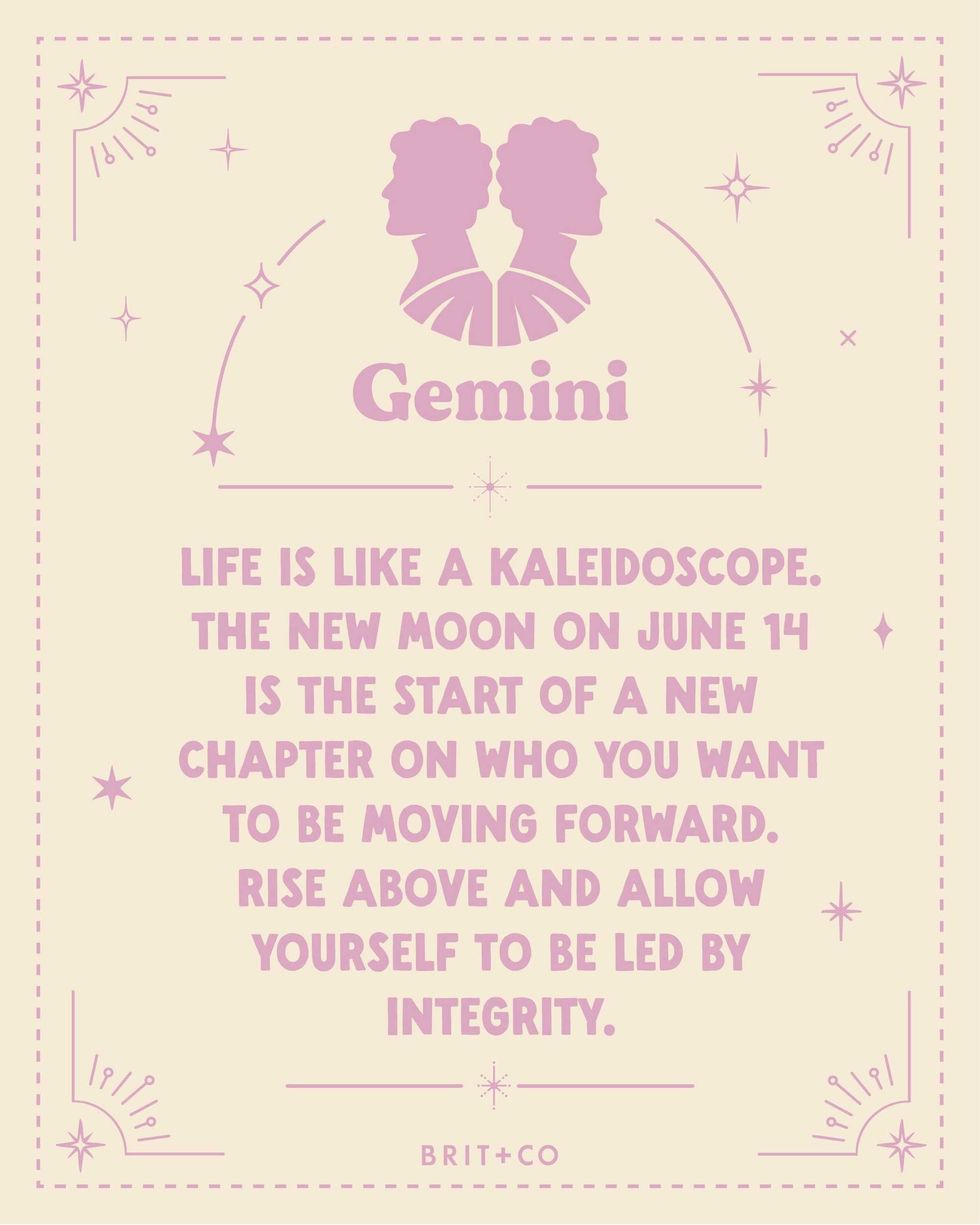 Gemini horoscope quote with silhouettes of two heads and decorative stars.