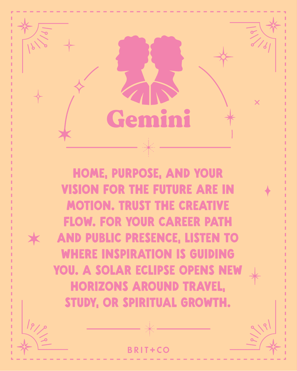 Gemini horoscope with text about vision, creativity, and new horizons on a peach background.