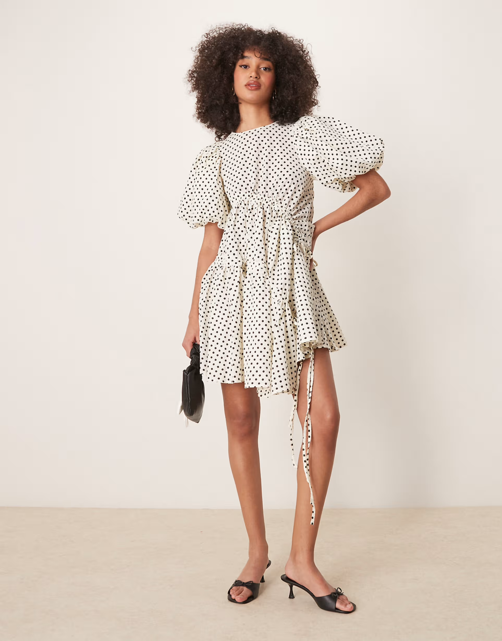 Ghospell Ruched Asymmetric Polka Dot Mini Dress