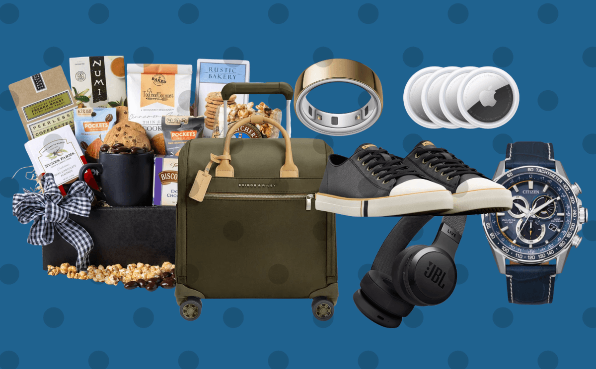 Gift set with snacks, luggage, sneakers, smartwatch, headphones on a blue polka dot background.
