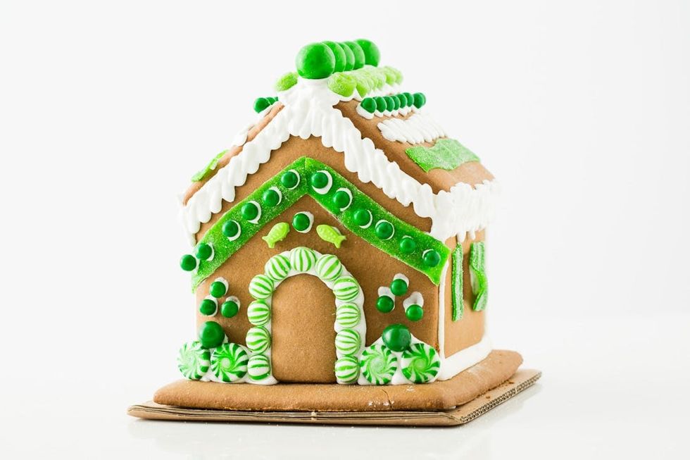 gingerbread home with green decorations