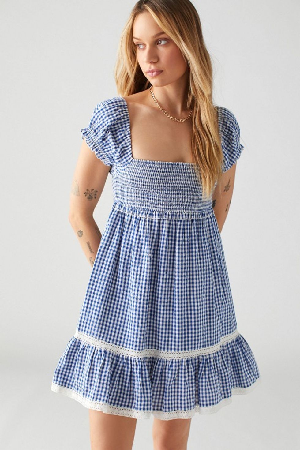 gingham smocked mini dress
