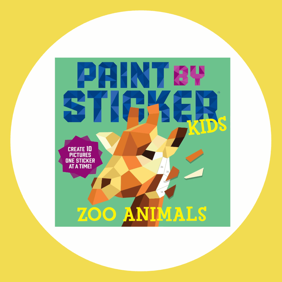 Giraffe sticker art book cover, titled "Paint by Sticker Kids: Zoo Animals".