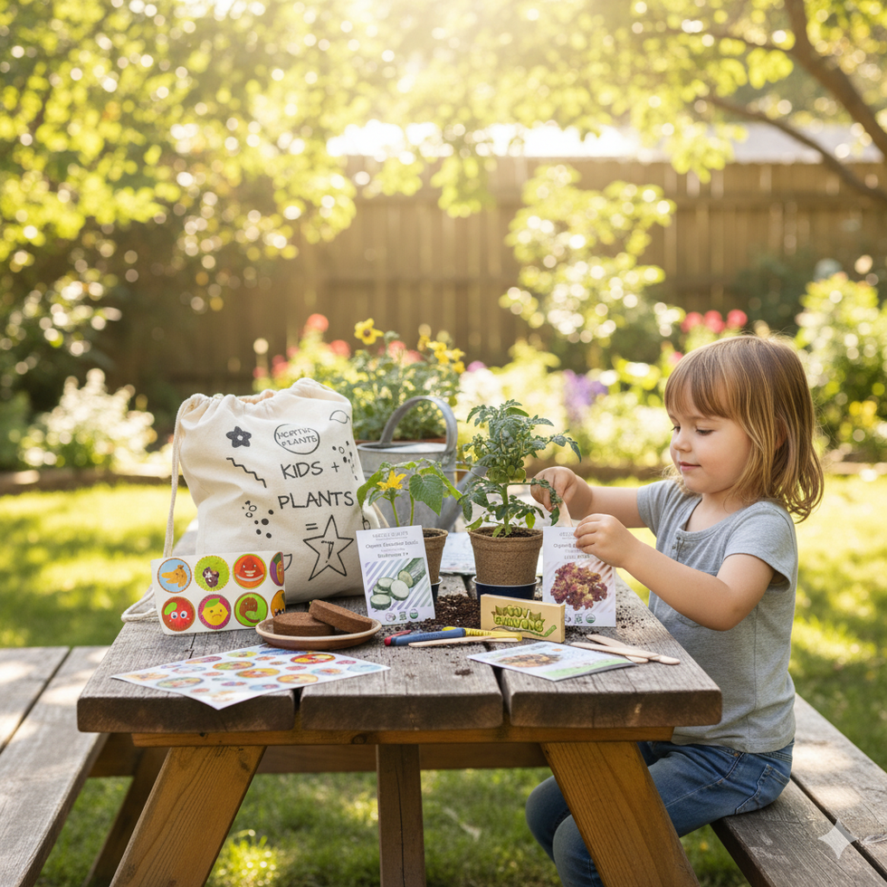 Girl planting seeds at a picnic table with a gardening kit in a sunny backyard.