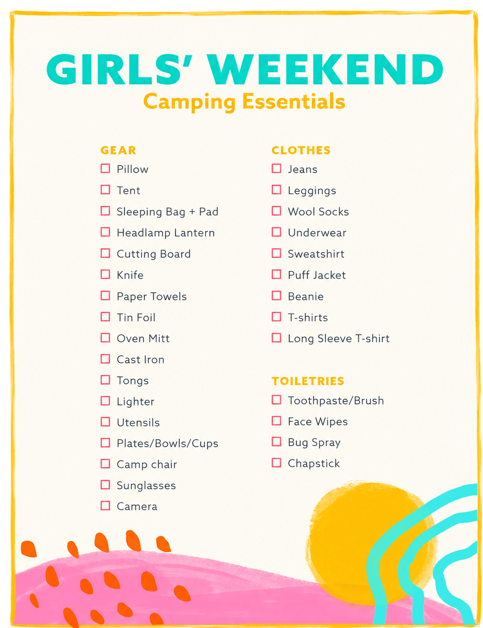 Girls' weekend camping essentials checklist with gear, clothes, and toiletries categories.
