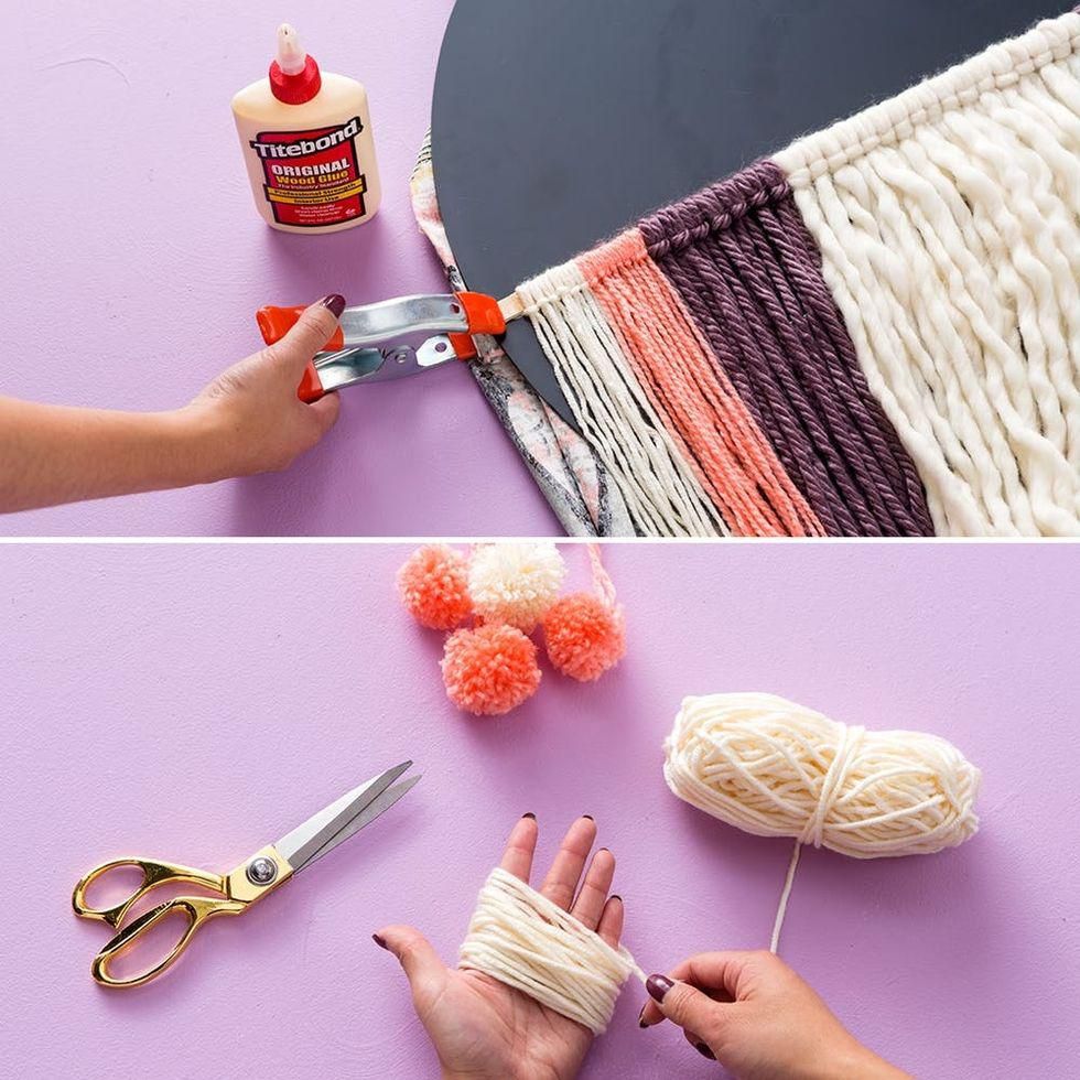 gluing yarn to wood and making a pom pom hanging mirror