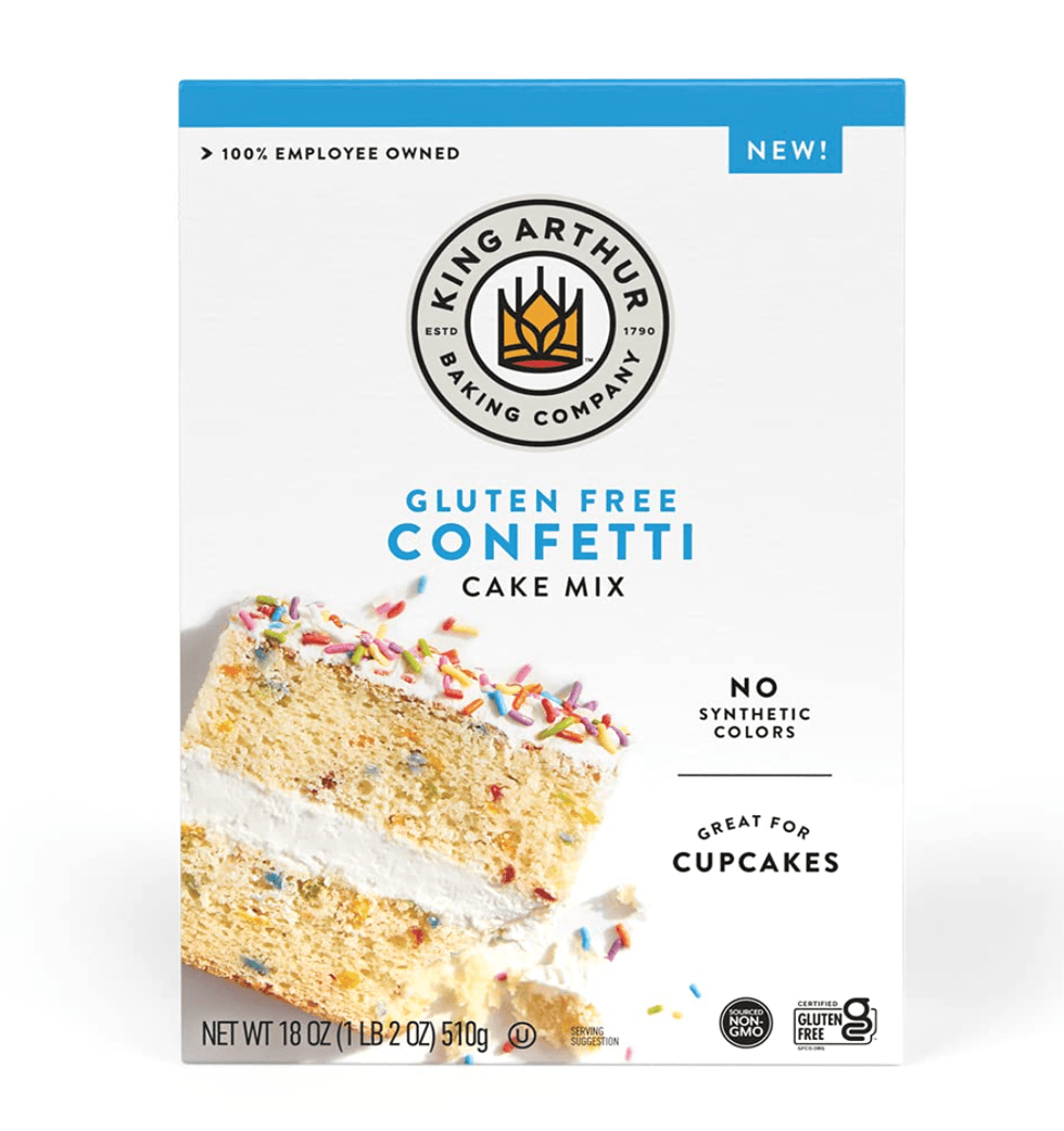 Gluten-free confetti cake mix box with colorful sprinkles and cake slice image.