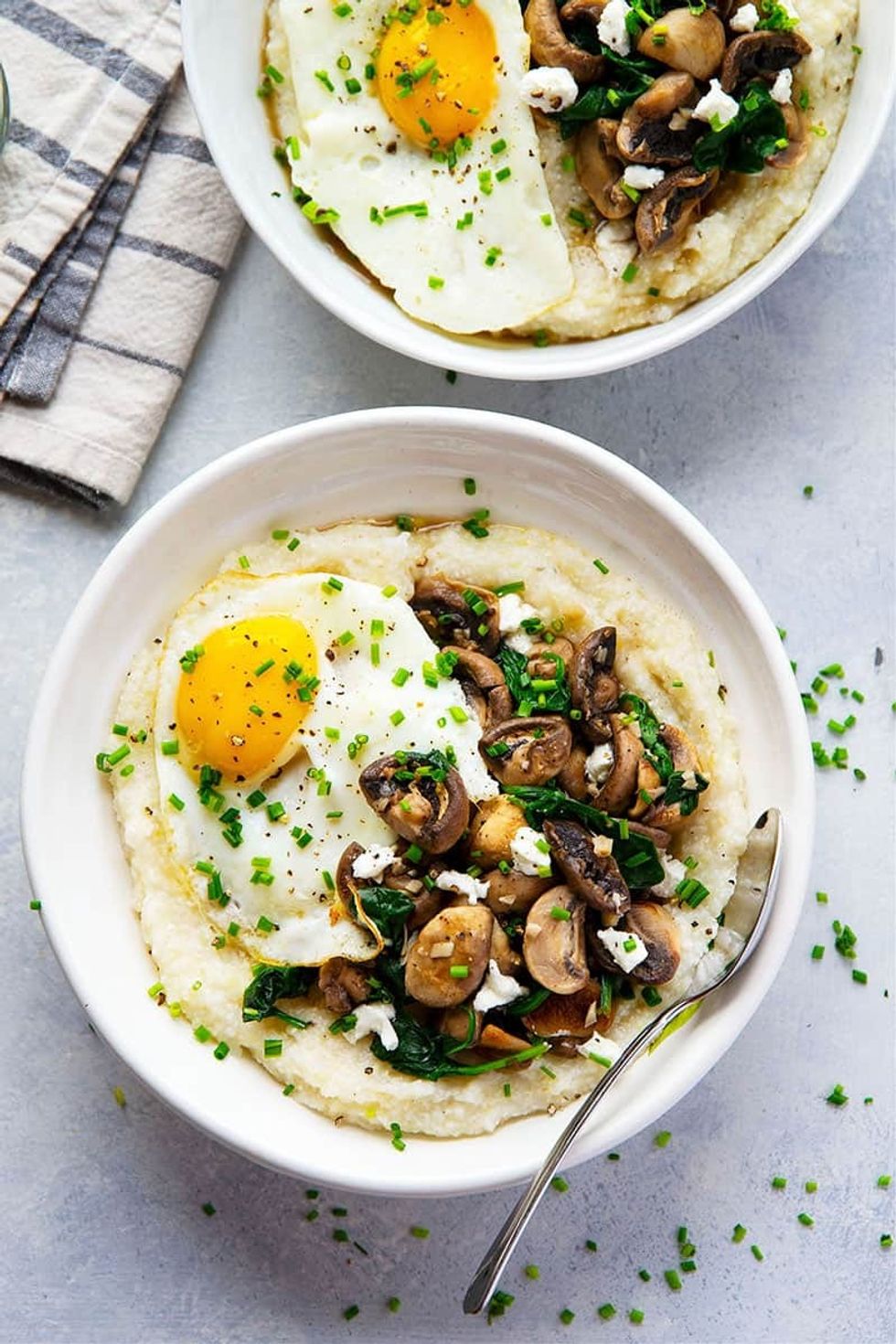Goat Cheese Grits with Garlic Butter Mushrooms + Spinach