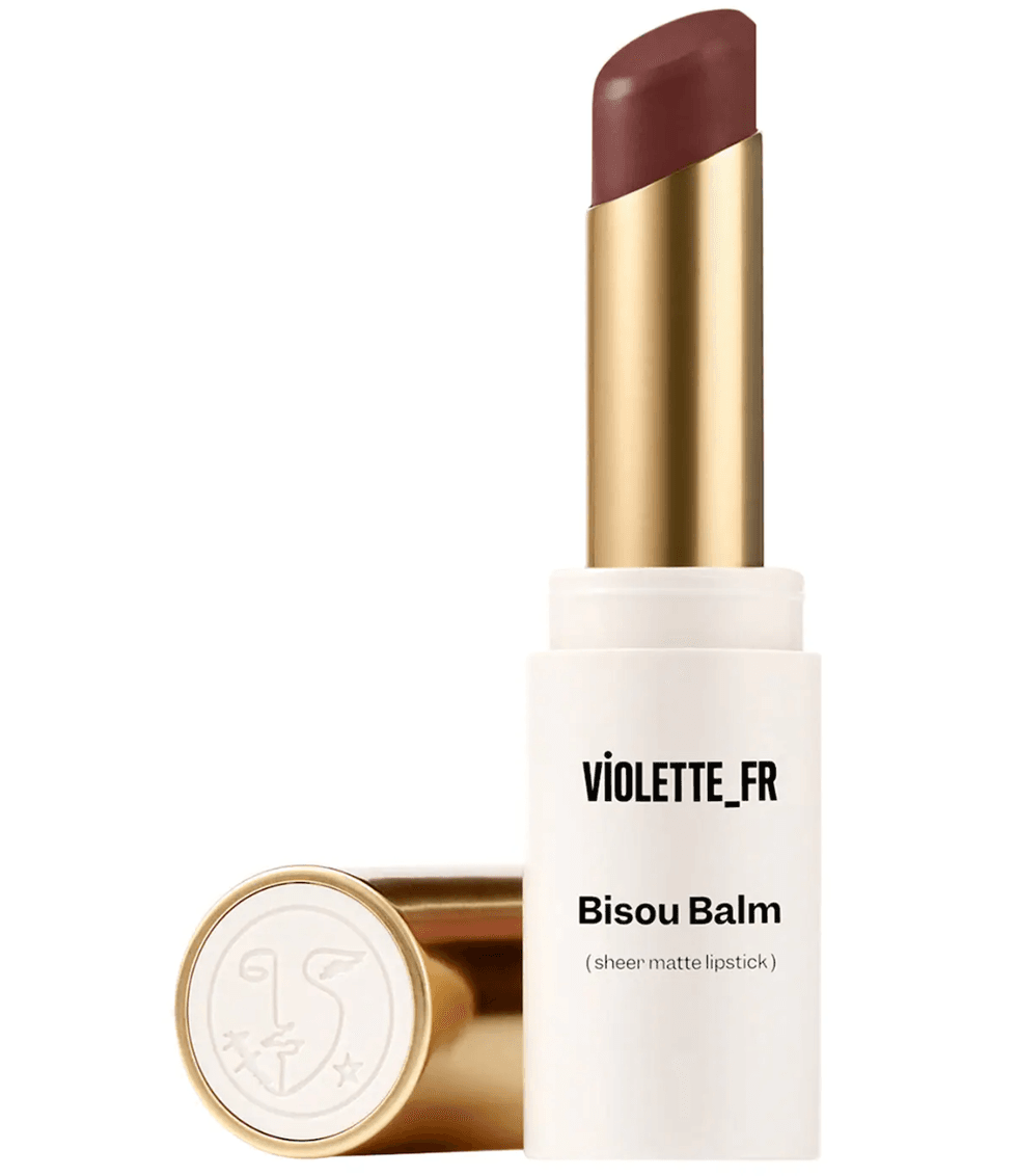 Gold-cased sheer matte lipstick labeled "Bisou Balm" by Violette_FR.