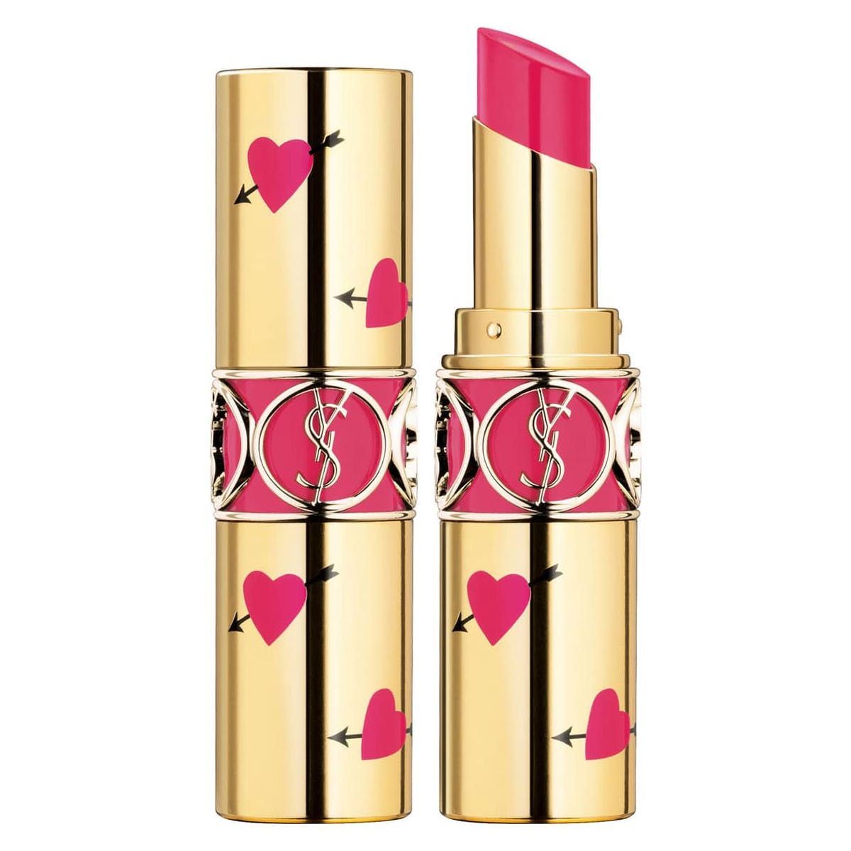 Gold lipstick with pink hearts and arrows, partially opened, showing vibrant pink shade.
