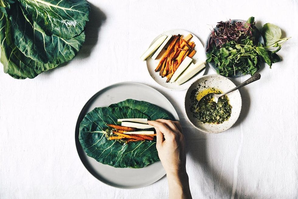 Got leftovers? Wrap them up! More with Less cookbook suggests leftovers make fabulous fillings in collard green wraps or kale wraps.