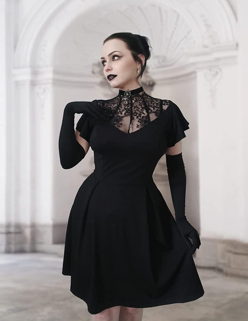 gothic romance style wednesday addams fit and flare lace dress