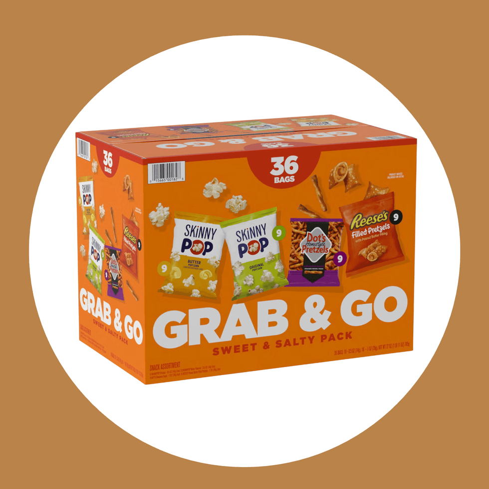 "Grab & Go: Sweet & Salty Snack Pack box with Skinny Pop and pretzels."