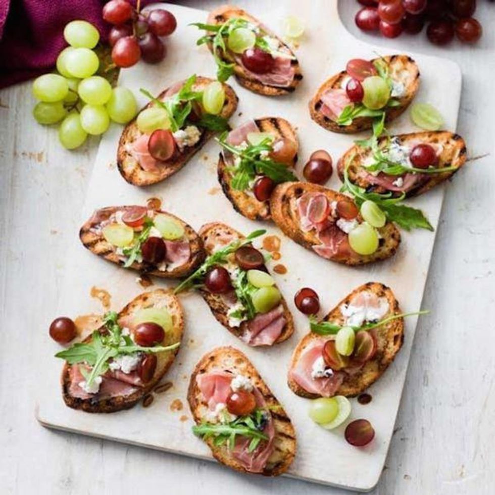 Grape and Prosciutto Crostini pink purple and green
