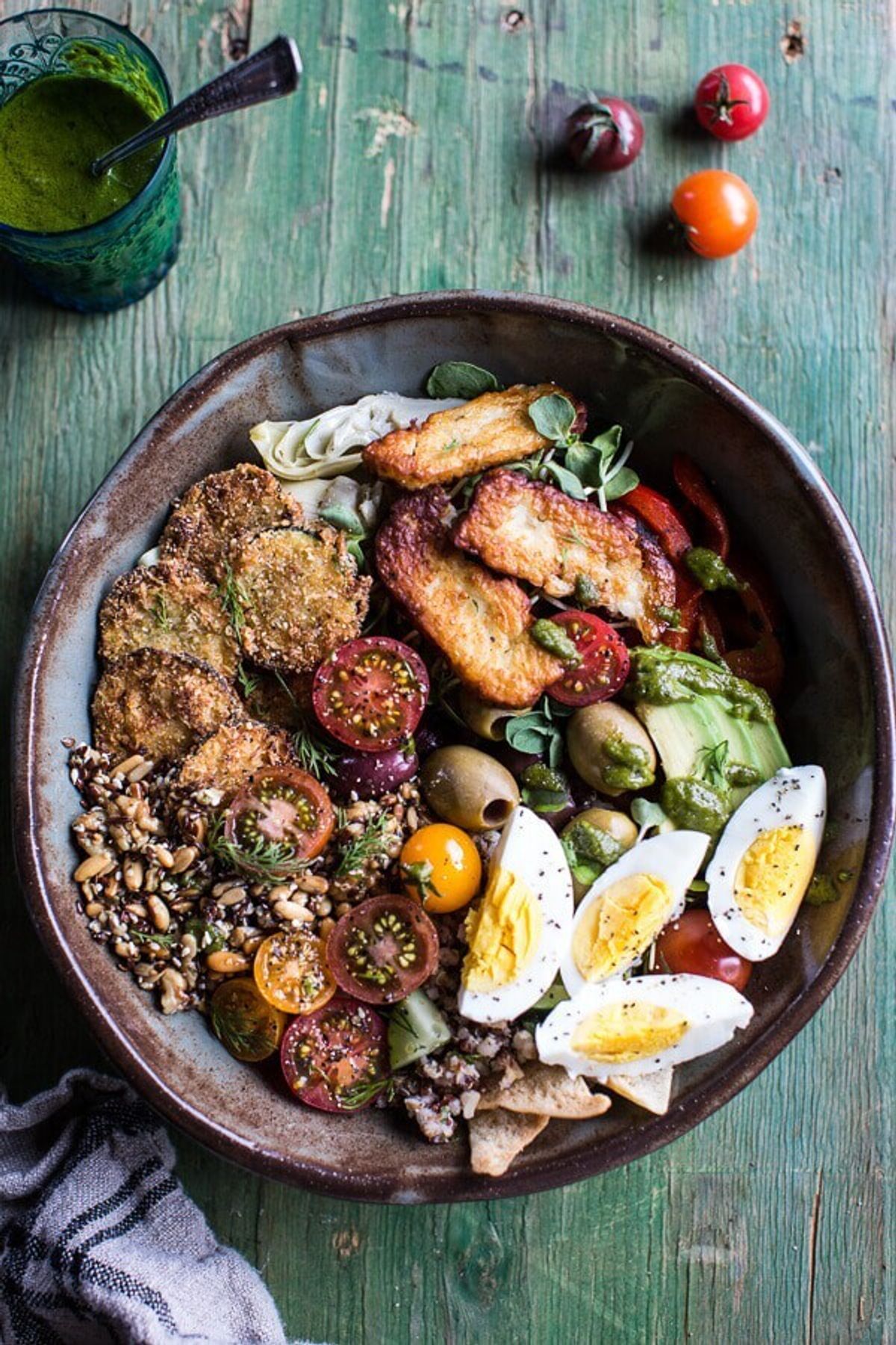 Greek Goddess Grain Bowl with “Fried” Zucchini, Toasted Seeds and Fried Halloumi