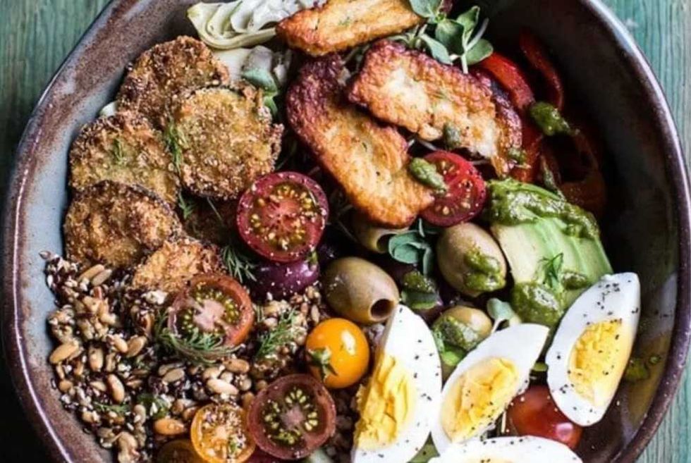 Greek Goddess Grain Bowl with \u201cFried\u201d Zucchini, Toasted Seeds and Fried Halloumi