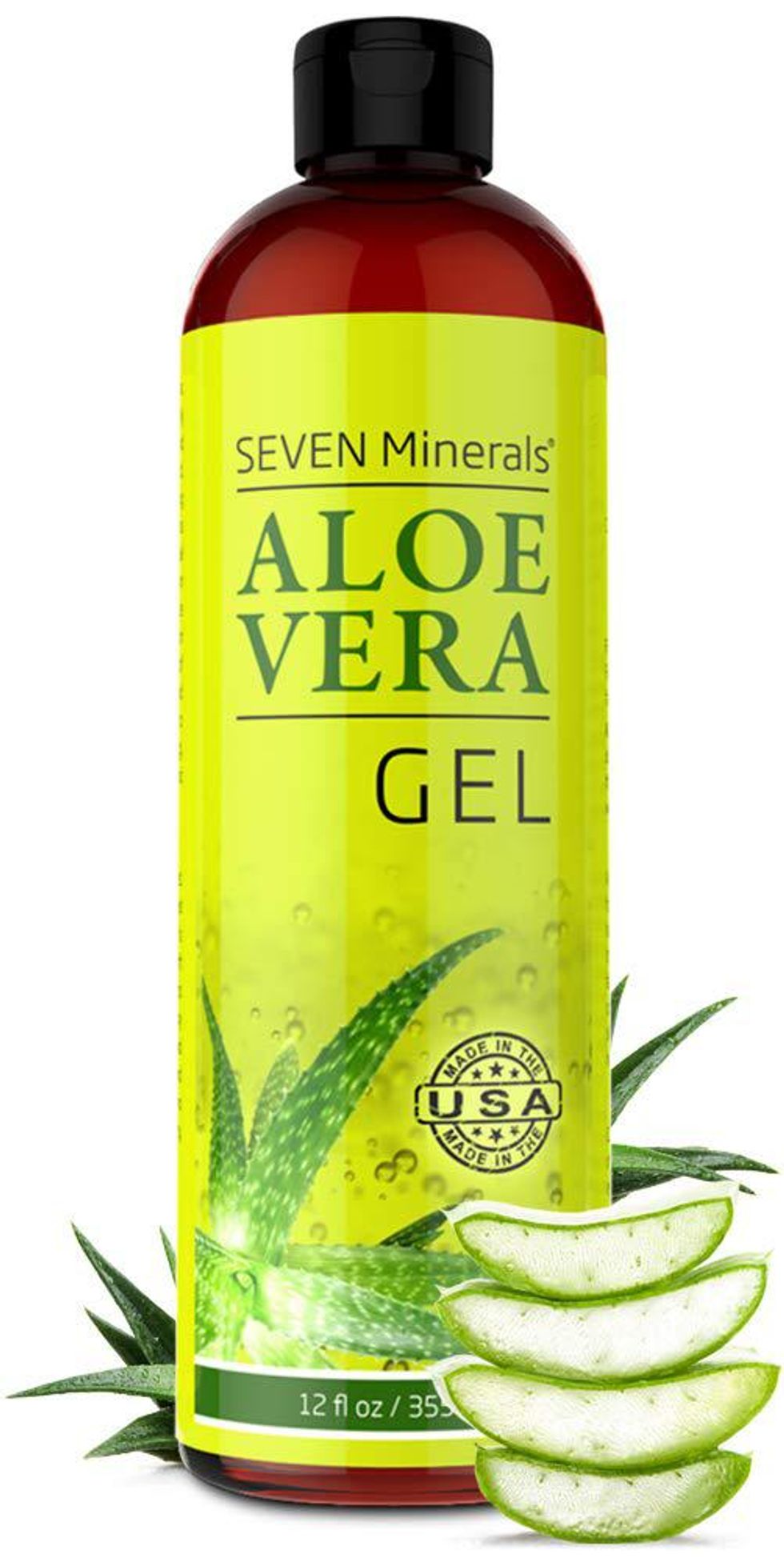 green and brown bottle of Seven Minerals Organic Aloe Vera Gel