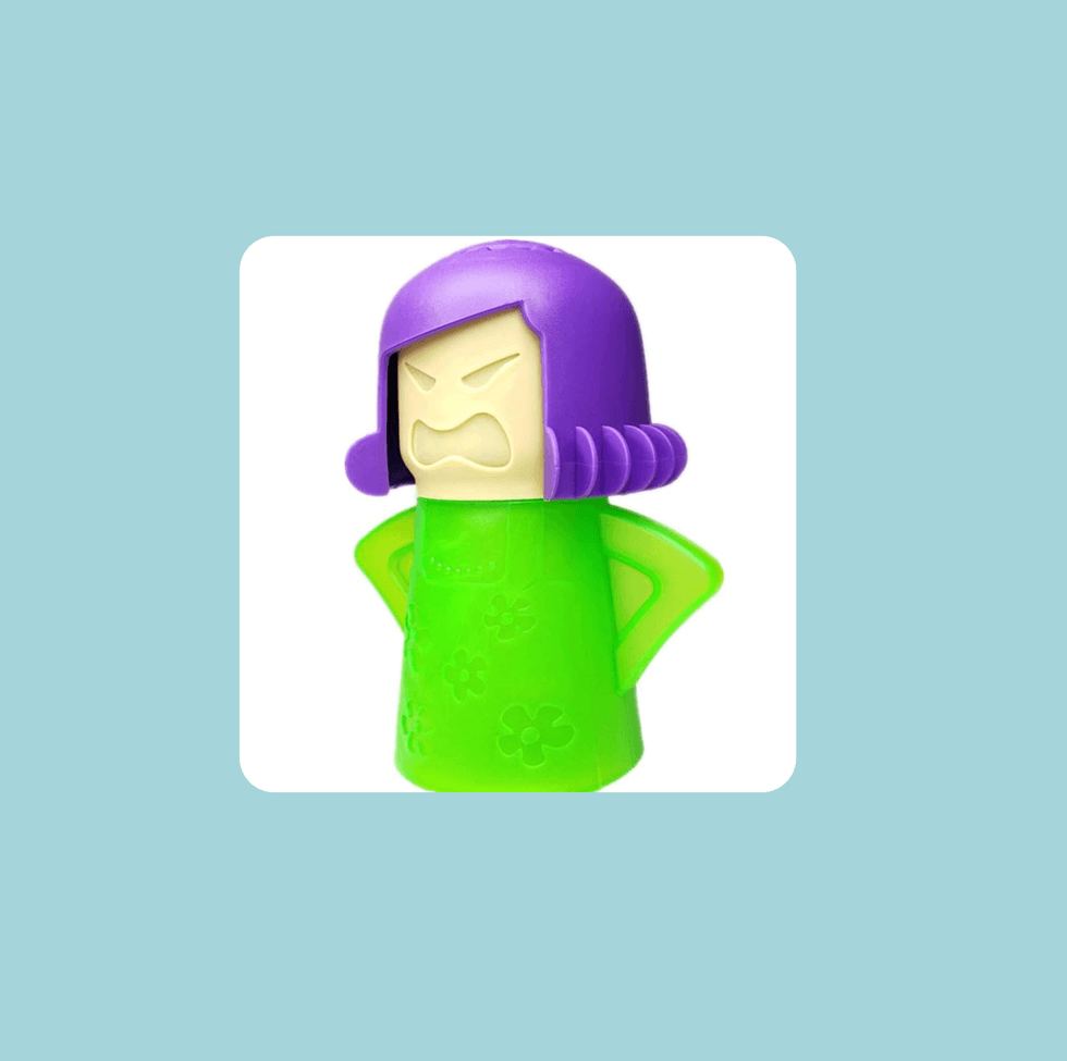 Green and purple angry figure with arms akimbo on a light blue background.