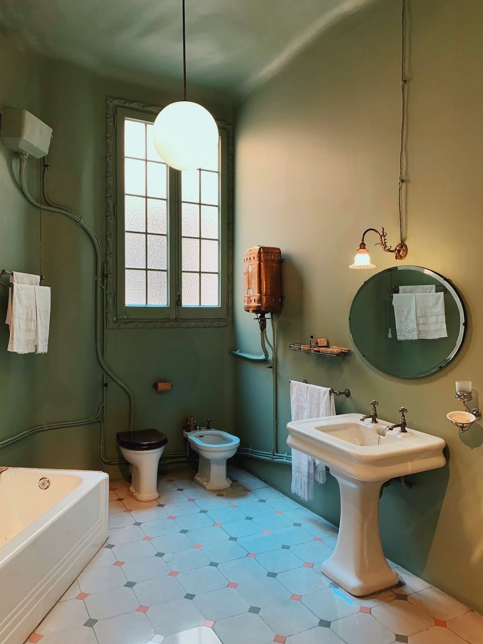 green bathroom paint colors with multicolored tile floor