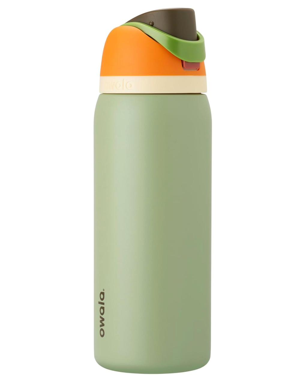 Green insulated water bottle with an orange and green flip-top lid.