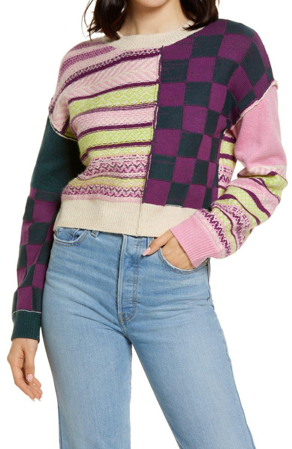 green pink and magenta patterned sweater