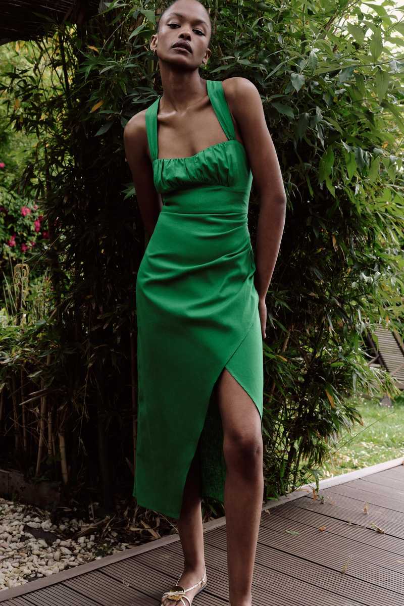 chinese dress ladies Amara Ruched Midi Linen Dress in Emerald main image 1