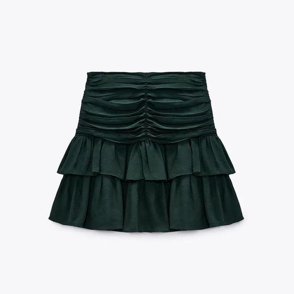 green ruffled ruched skirt