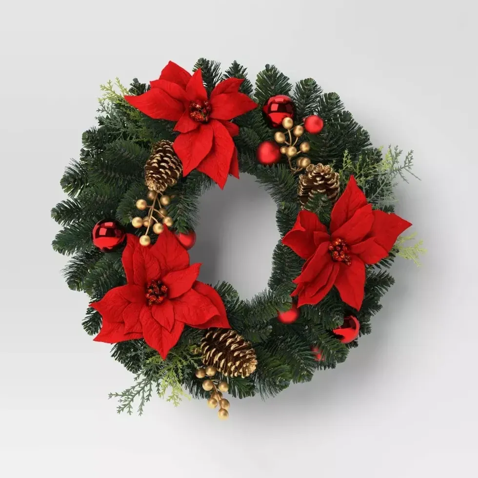 Greenery and Poinsettia Christmas Wreath