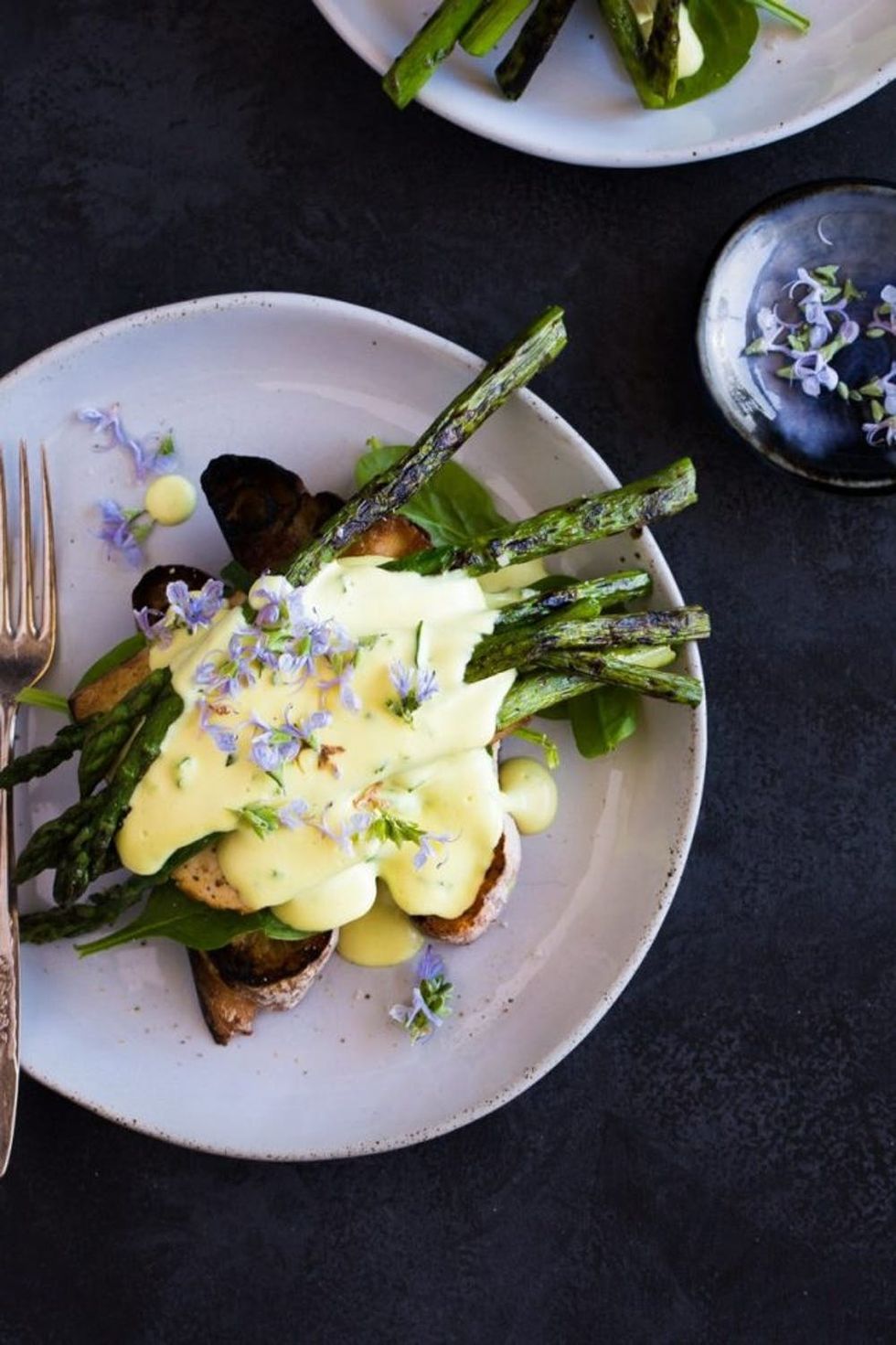 Grilled Asparagus, Smoked Tofu Benedict, and Macadamia-Chive Hollandaise