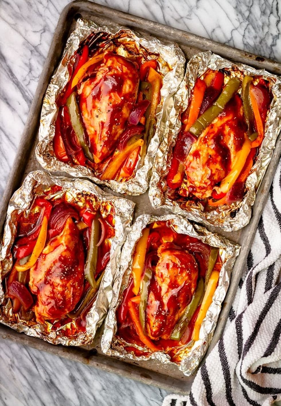 Grilled BBQ Chicken Foil Packets with Peppers and Onions