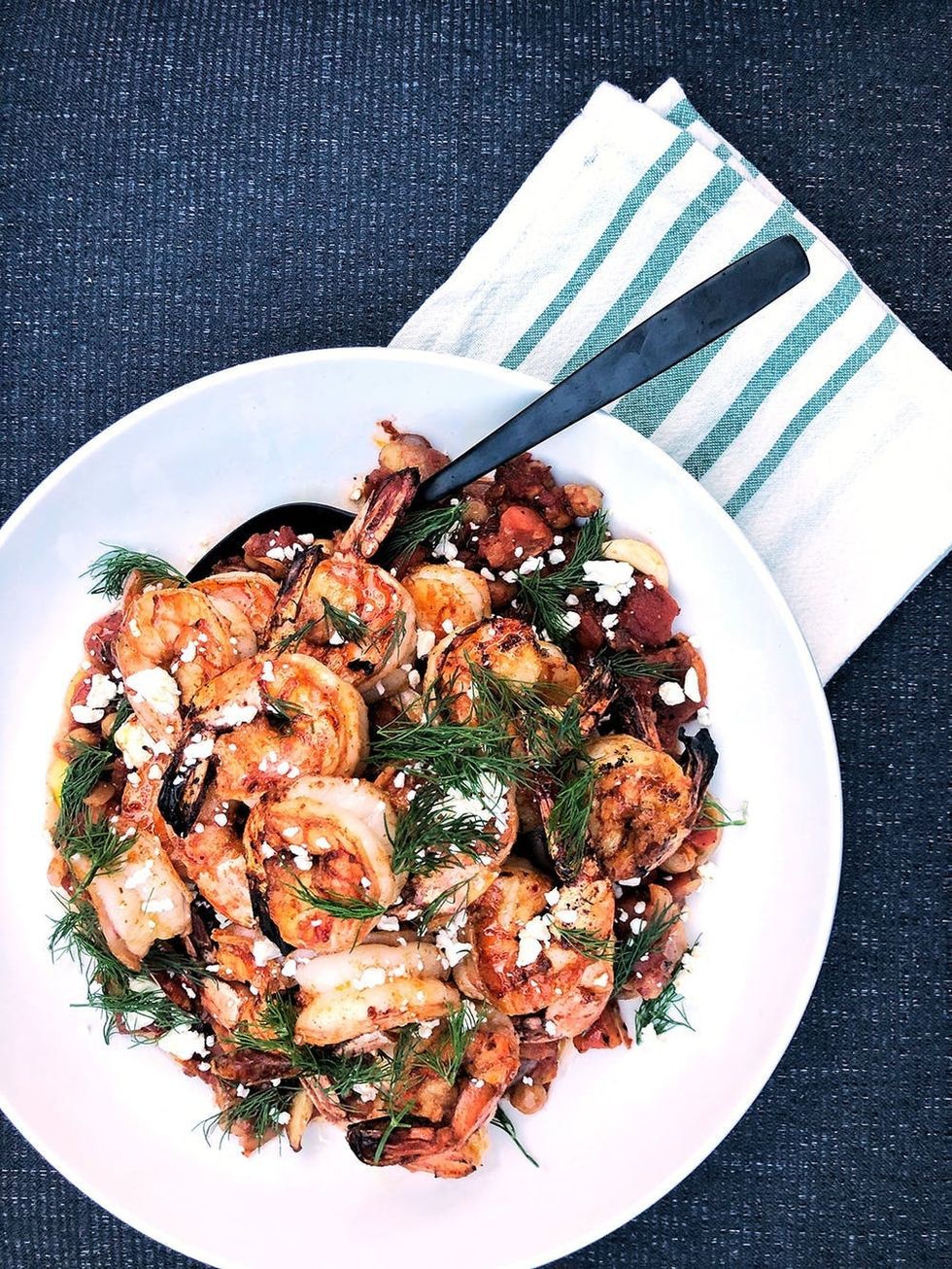 Grilled Harissa Shrimp With Chickpea-Dill Tomato Sauce
