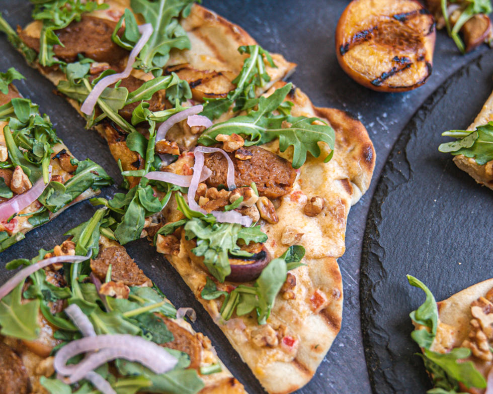 GRILLED PEACHES & PIMENTO PIZZA