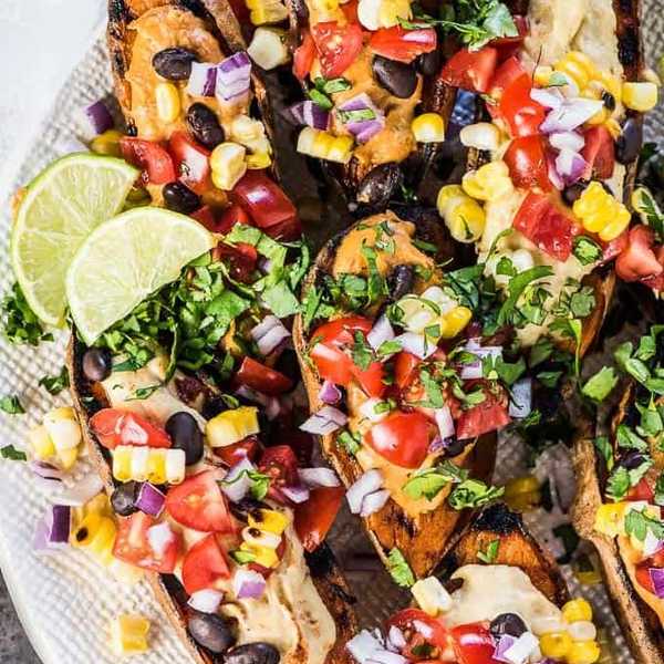 Grilled Southwest Stuffed Sweet Potatoes with BBQ Hummus