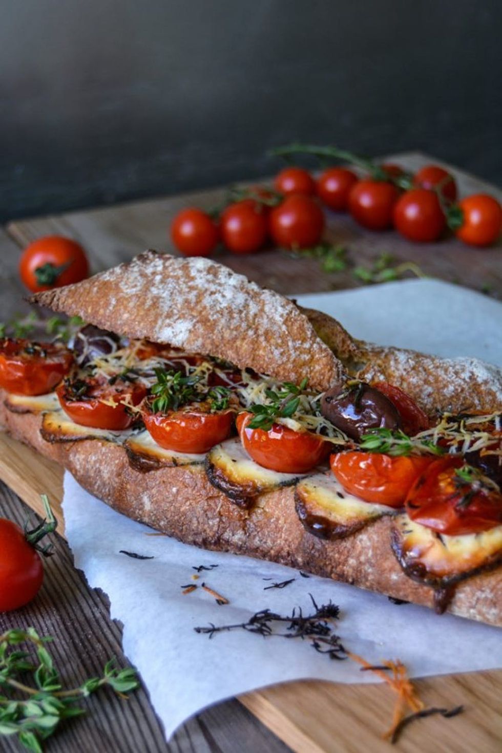 Grilled Tomato, Ch\u00e8vre, and Thyme Baguette Sandwich recipe