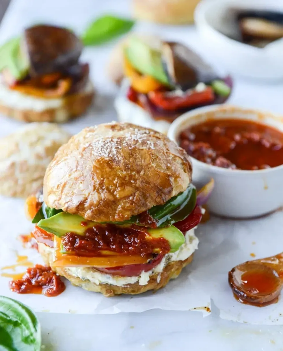 Grilled Veggie Sliders With Goat Cheese and Roasted Red Pepper Vinaigrette