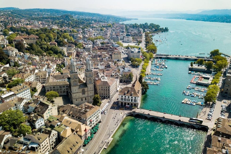 Grossm\u00fcnster Cathedral in Z\u00fcrich as seen from the air