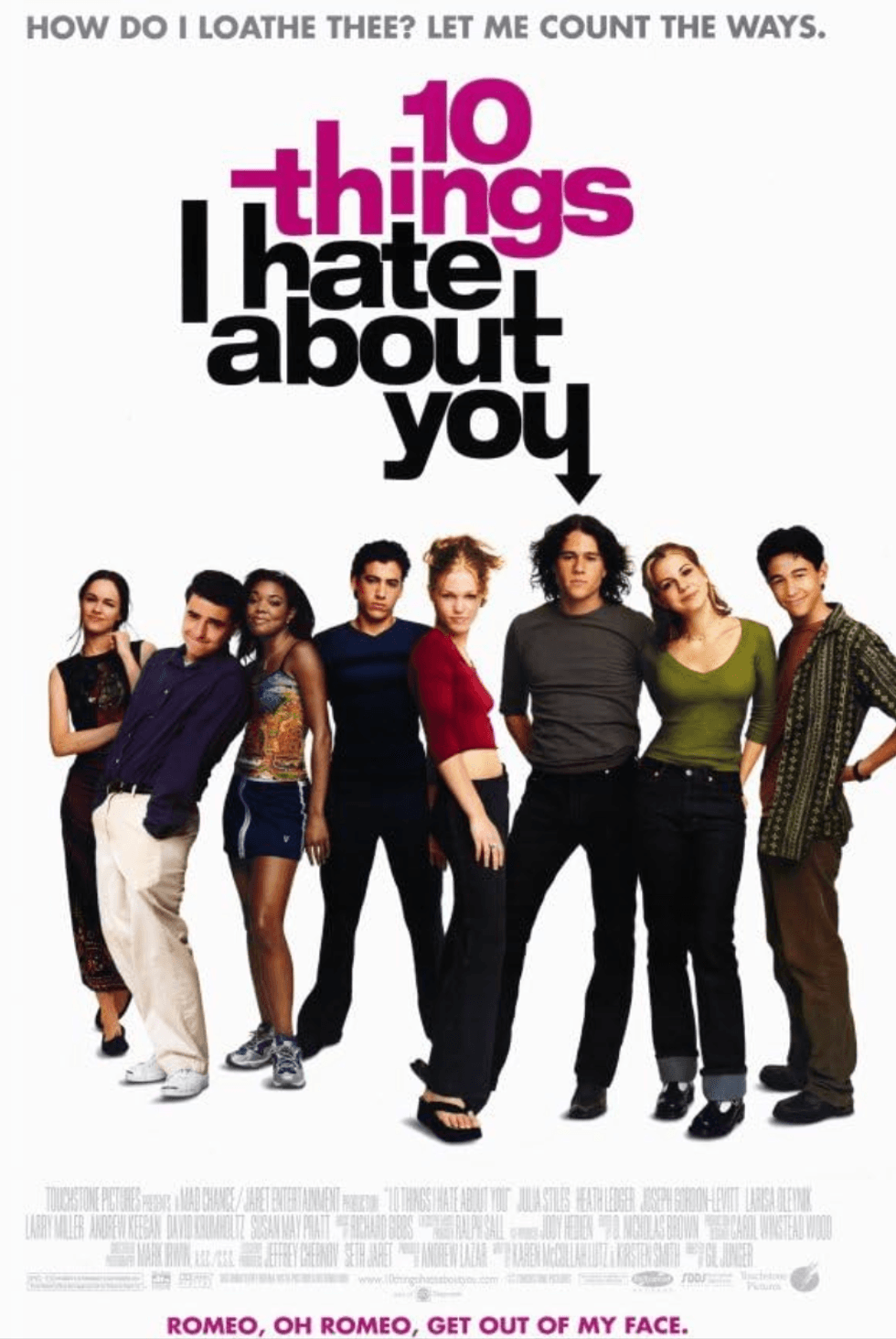 Group of teens standing under "10 Things I Hate About You" movie title text.