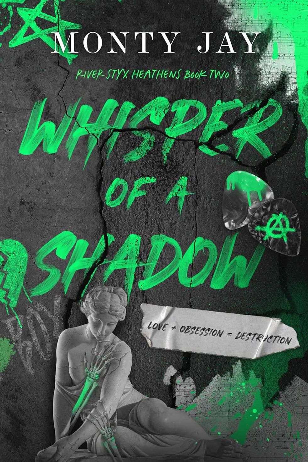 Grunge book cover with statue, green paint, and text: "Whisper of a Shadow".