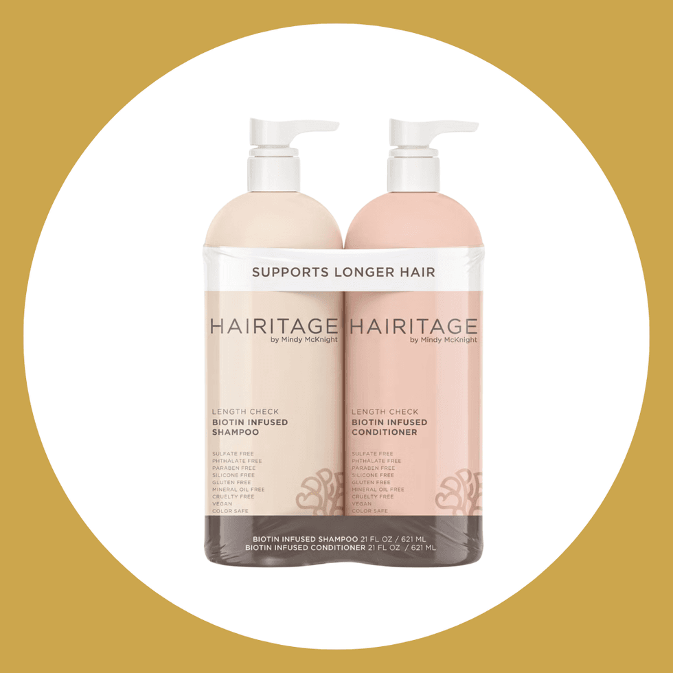Hairitage shampoo and conditioner set for longer hair in beige bottles with pumps.