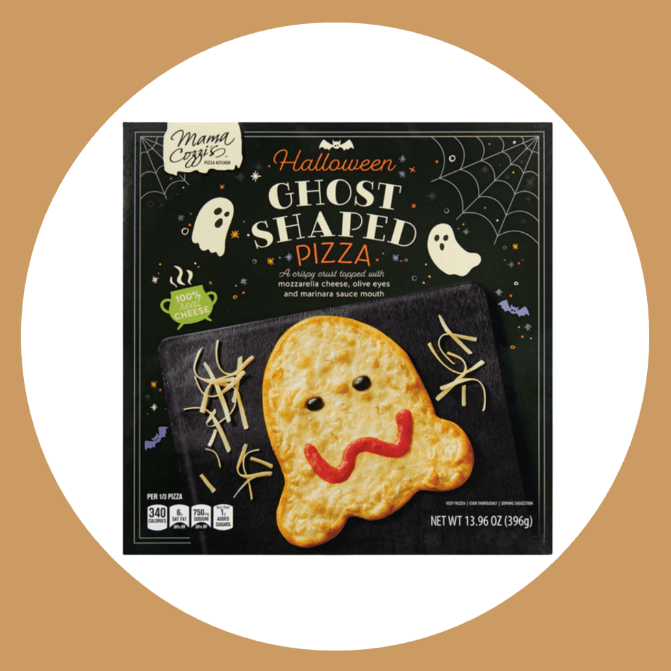 Halloween-themed ghost-shaped pizza packaging with spooky decorations.